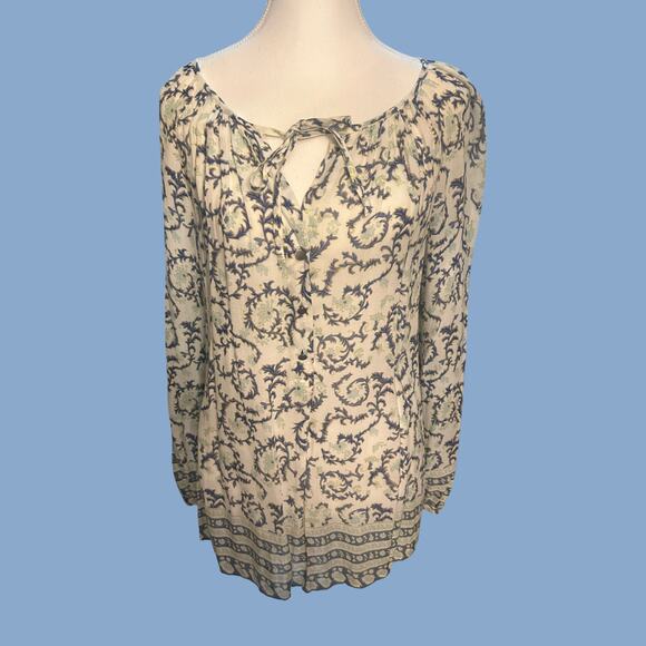 Lucky Brand Boho Floral Blouse | Tie Neck + Border Print | S - Picture 2 of 6